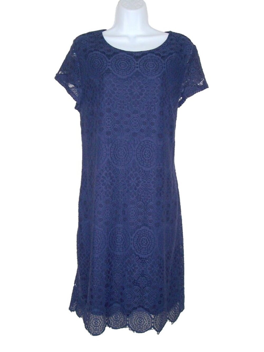 Laundry Shelli Segal Navy Blue Lace Cocktail Shift Dress 12 Scalloped Hem